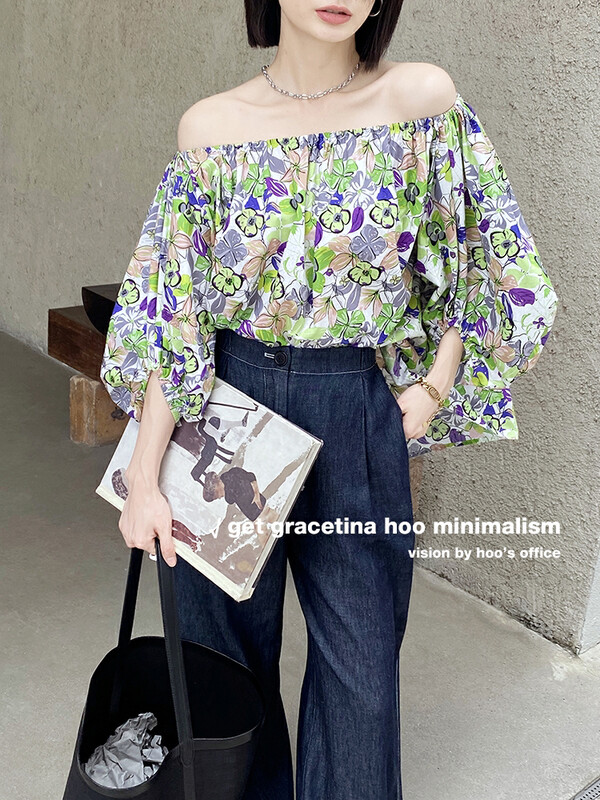 [gracetina Hoo] crayon graffiti bubble sleeve off shoulder shirt cs5198