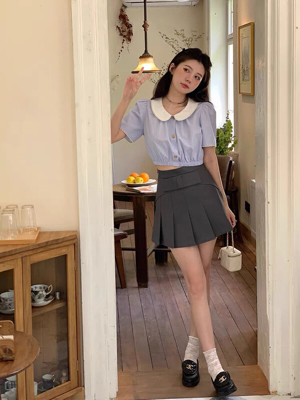 [come and see] French doll neck striped shirt + high waist pleated skirt suit (only suits) 1323# JJ