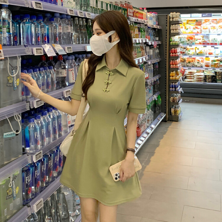[come and see] new Chinese style pan buckle polo collar, waist folded, short sleeved dress 1415\jj