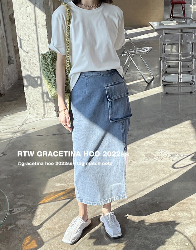 [gracetina Hoo] simple high waist three-dimensional pocket design, versatile Vintage denim skirt n149# cqw