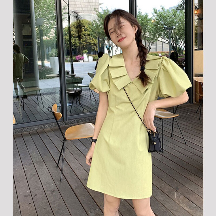 [come and see] geometric Lapel Chiffon loose and thin medium and long bubble sleeve dress 1202# JJ