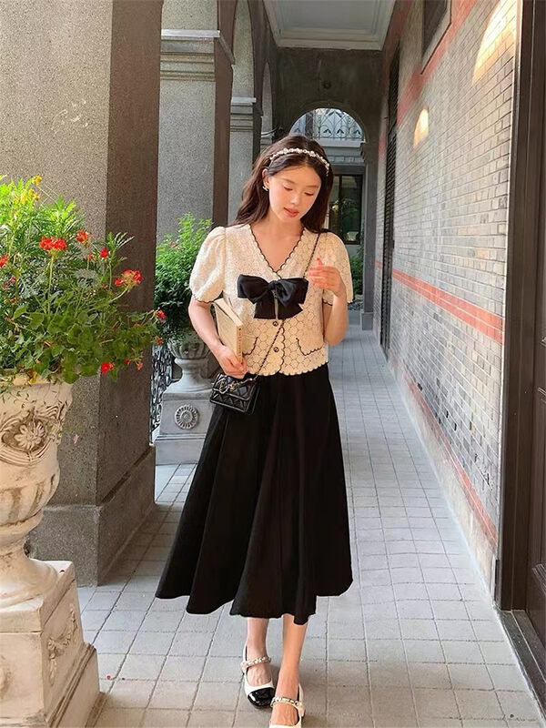 [fne fne] small fragrance V-neck color contrast short sleeved shirt (with detachable bowknot) 3536 × WPL