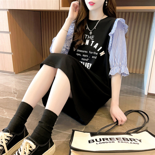 Official figure - Summer Korean loose stitching striped ruffle sleeves medium long large women's short sleeve T-shirt women