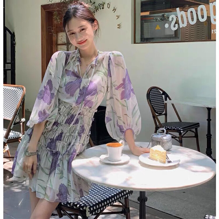 [come and see] Korean style lady lace up Printed Dress 1333\jj