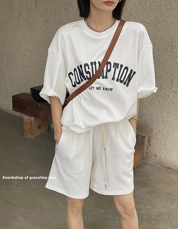 [gracetina Hoo] simple loose letter printed Shorts Set tz365