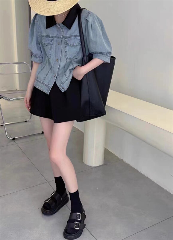 [Muxi] summer Lantern Sleeve contrast stand collar denim shirt ys1-6121# WPL