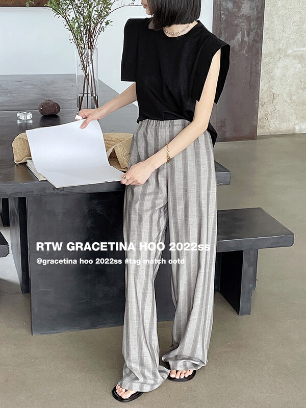 [gracetina Hoo] wide stripe visual thin wide leg casual pants ys1-k9194