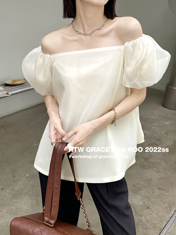 [gracetina Hoo] heavy industry double-layer mesh bubble sleeve shirt loose a-hem lazy off shoulder cs5209