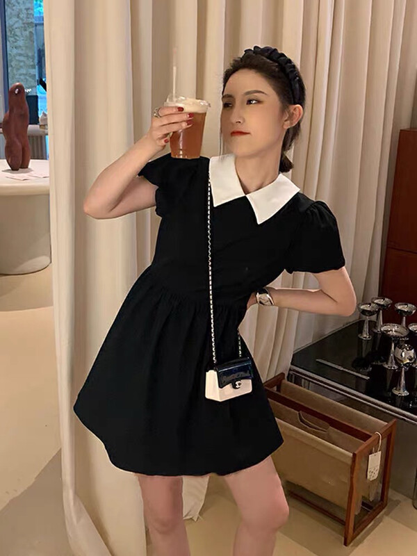 [come and see] Korean color blocked Lapel waist closed bubble sleeve dress 1397# JJ
