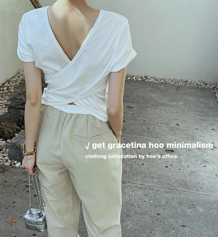 [gracetina Hoo] design cross backless round neck short sleeve T-shirt t3101