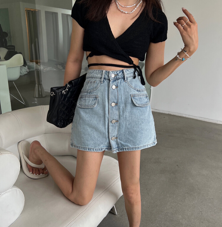 [hakie] personalized multi button slim denim skirt 99006\ozq