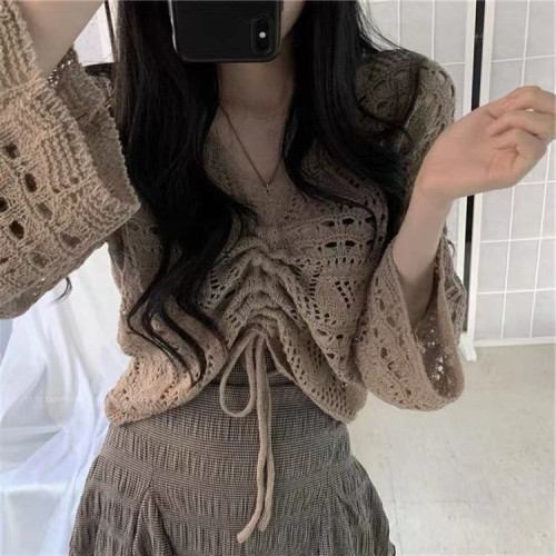 Korean chic thin hollow out sweater Pullover Sweater drawstring V-Neck long sleeve slim top