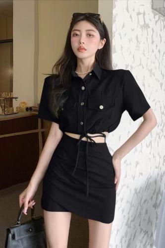 Real price and real shooting summer new style pure desire style drawstring work clothes short coat + High Waist Hip Wrap Skirt Western style suit