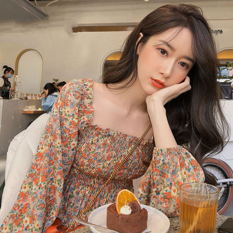 French retro western style age reducing sunset Chiffon floral top sweet and thin two piece 2021 spring and summer dress