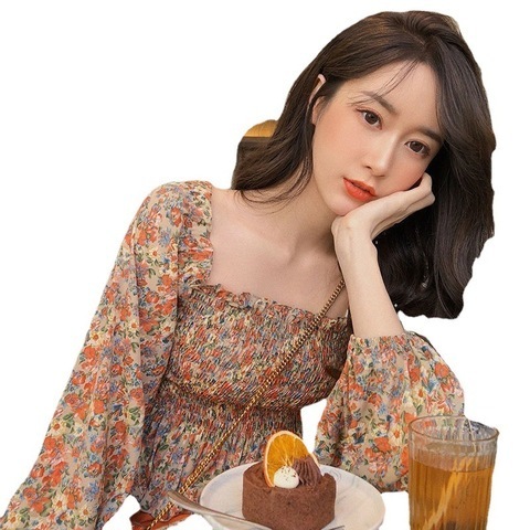 French retro western style age reducing sunset Chiffon floral top sweet and thin two piece 2021 spring and summer dress