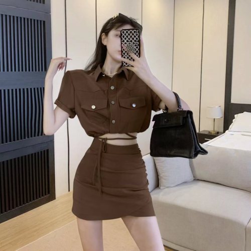 Real price and real shooting summer new style pure desire style drawstring work clothes short coat + High Waist Hip Wrap Skirt Western style suit