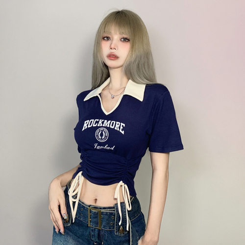 Ice hot girl style contrast color Polo neck drawstring waist print T-shirt women's short slim niche top