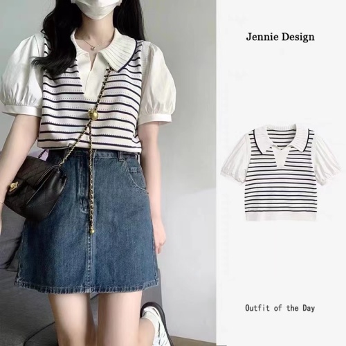 2022 new Polo neck ice stripe sweater short sleeved women's summer chic unique short fake two-piece top