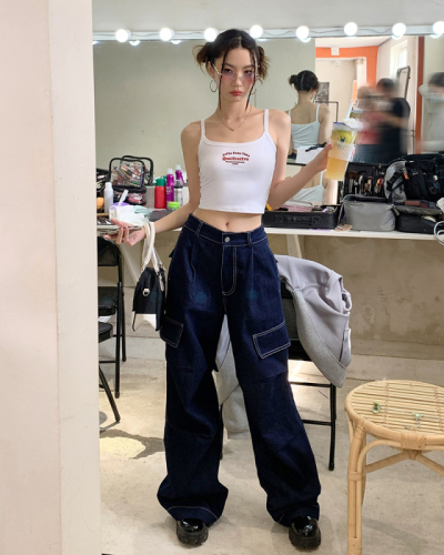Real shooting of 2022 summer new vintage silhouette jeans loose floor wide legged pants overalls women's fashion brand