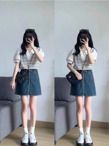 2022 new Polo neck ice stripe sweater short sleeved women's summer chic unique short fake two-piece top