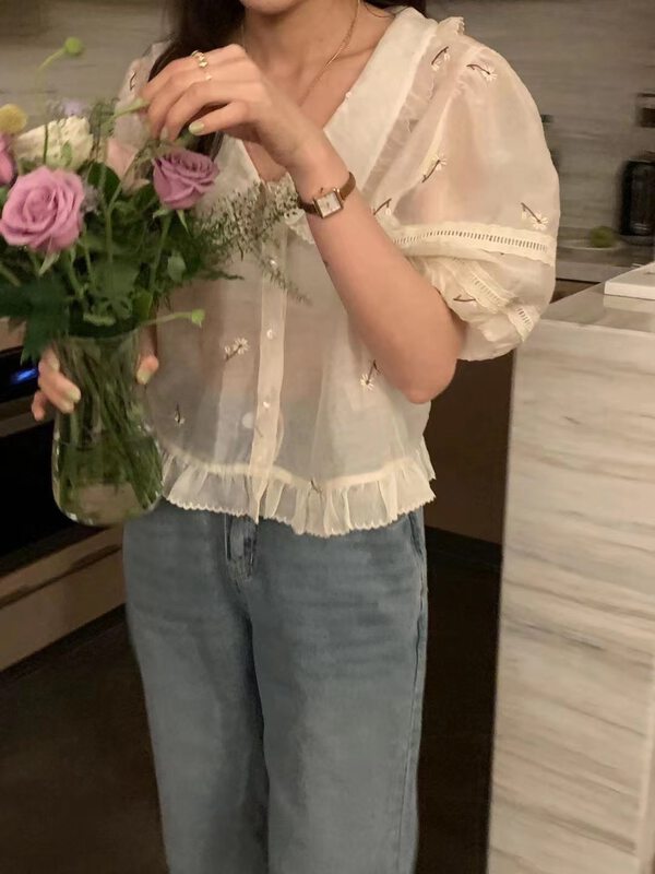 [o.lucky] small fresh baby collar flower embroidery shirt 1933# HBx