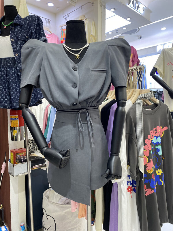 [goblin] Korean style bubble sleeve button up blouse + slim skirt two piece suit 9801# WPL