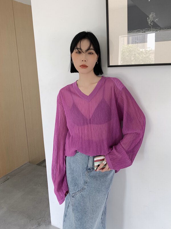 [Tutu] shoulder pad V-neck solid color knitted sunscreen shirt 52298# LSL