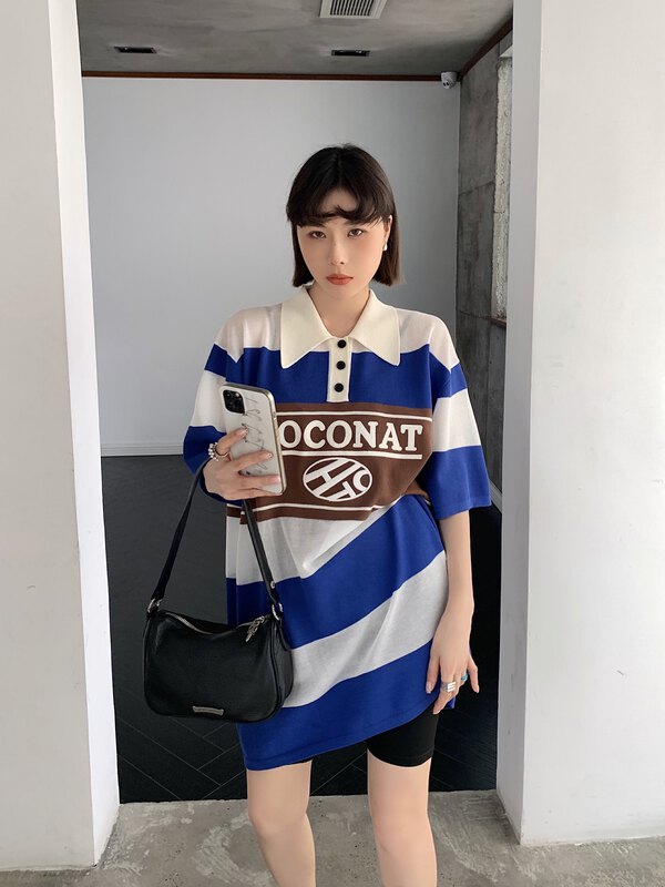 [DTU] contrast polo collar lettered print dress 52271# LSL