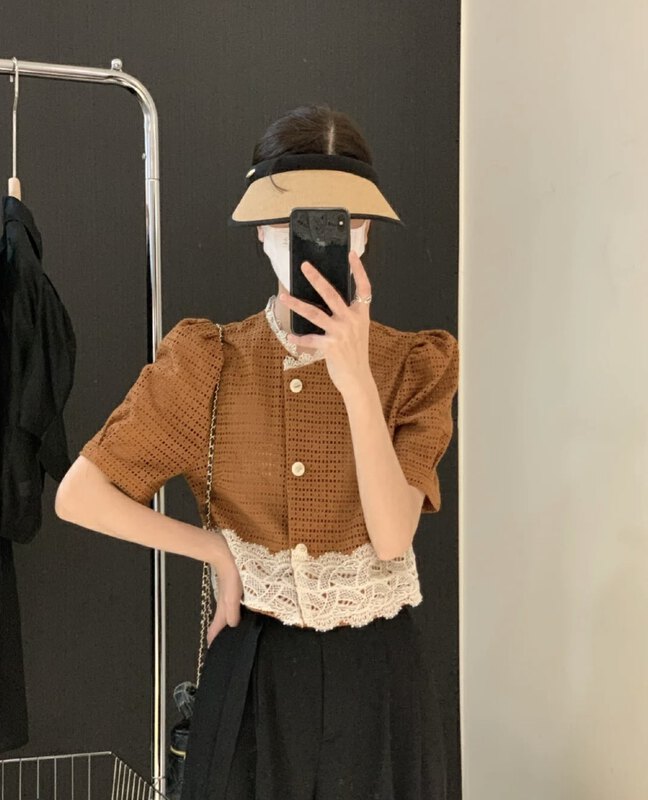 [o.lucky] short bubble sleeve spliced single breasted shirt 1948# HBx