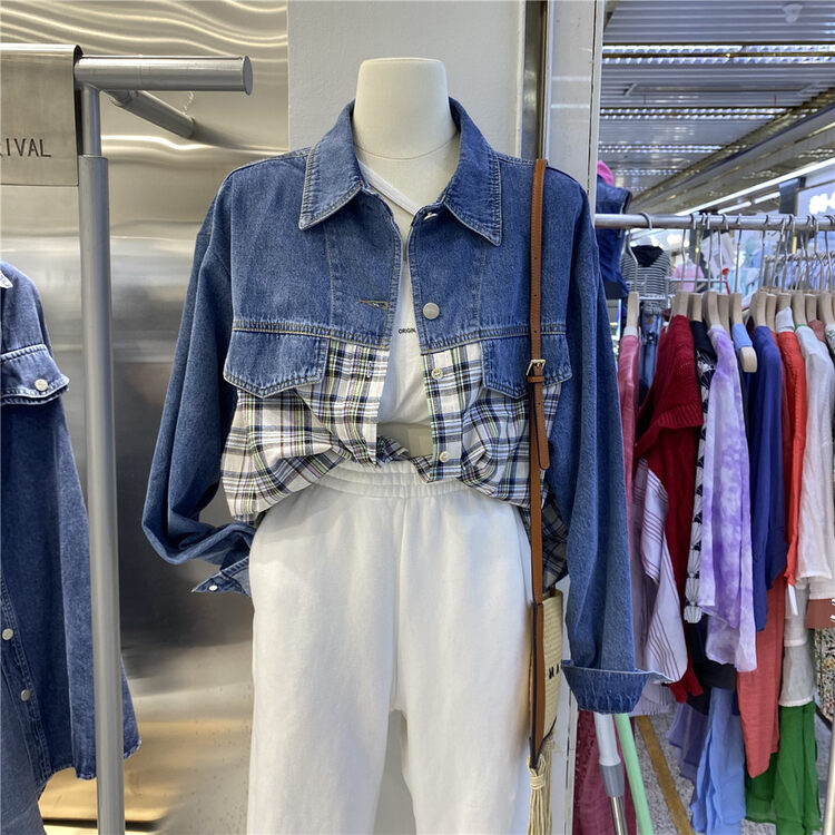 New in early autumn! [sweet] high street style loose stitched denim Plaid contrast shirt 6367# hjy