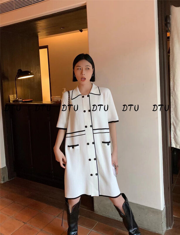 [DTU] Korean color contrast double breasted dress 33085# LSL