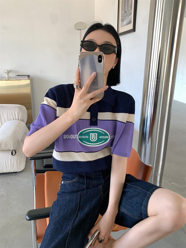 [DTU] contrast letter embroidered Polo neck T-shirt 52299 \lsl