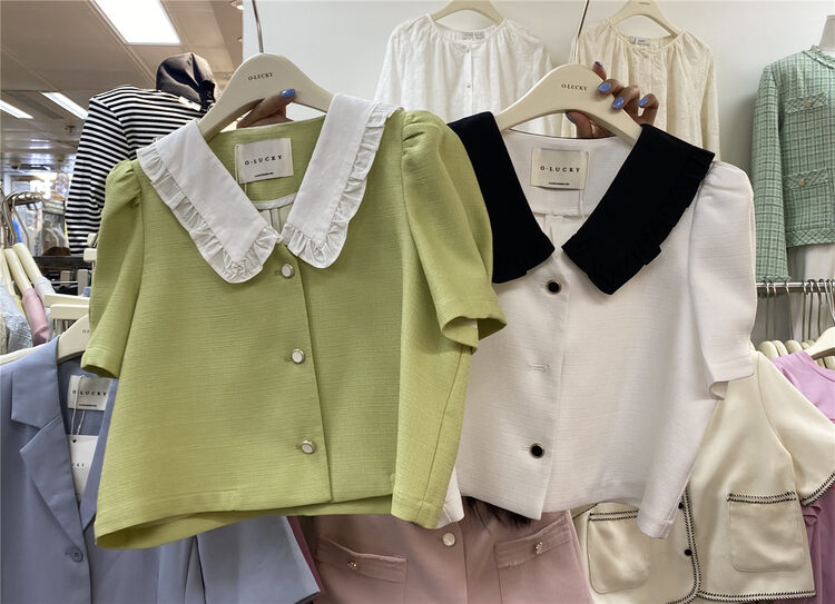 New year in early spring! [o.lucky] color blocked bubble sleeve single breasted short coat 1538-1# HBx
