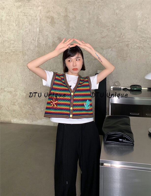 [DTU] stripe embroidery V-neck ghost horse vest 33045 \lsl