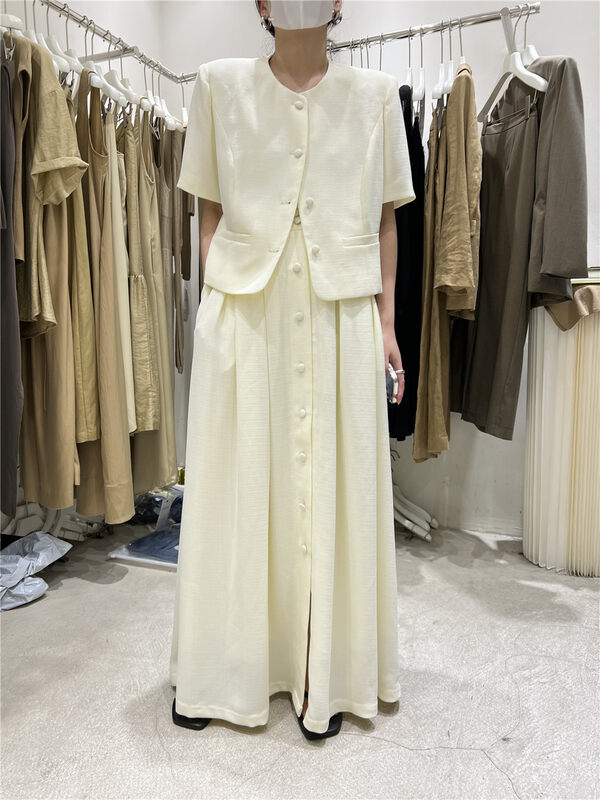 [especial] round neck single breasted blouse + temperament slim skirt set 22115# XYJ