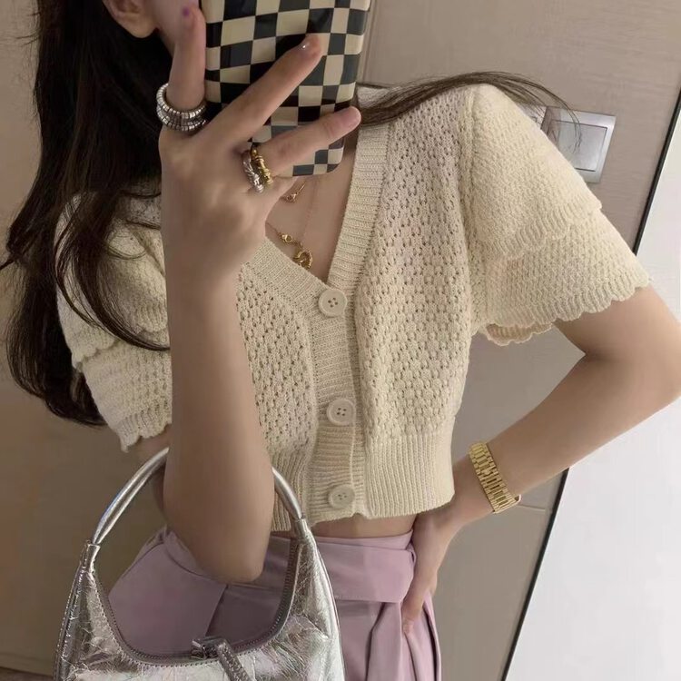 [ya.mei] V-neck hollowed out fashion Korean knitted cardigan 1013# ll