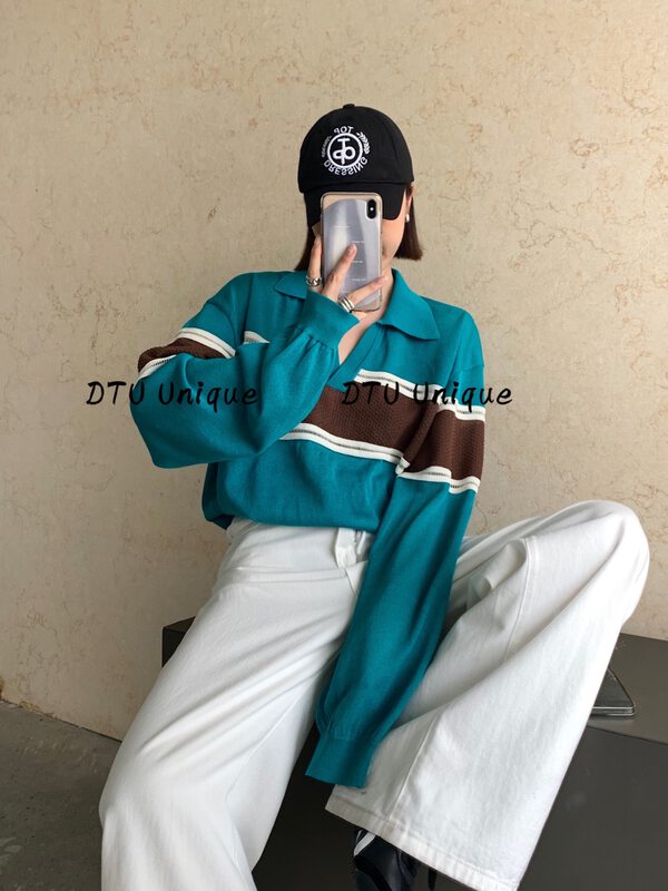 [DTU] Korean casual color contrast polo collar knitted sunscreen shirt 33068 \lsl
