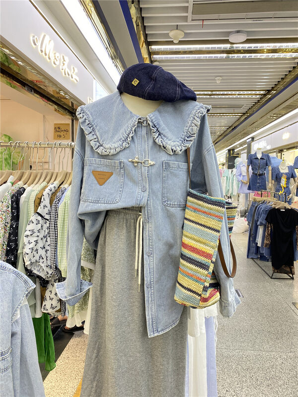 New in early autumn! [sweet] casual loose baby neck triangle cowboy shirt 6339 \hjy