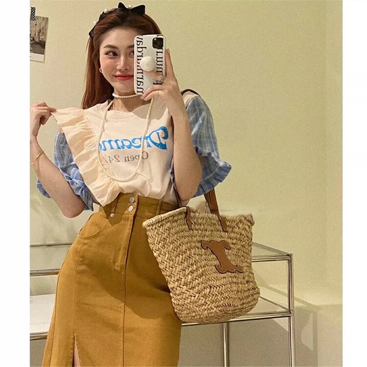 [ya.mei] letter printed checkered short sleeved T-shirt (T-shirt only) ya8186# ll