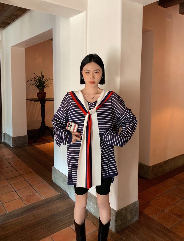New in early autumn! [Tutu] casual stripe Navy style fake two-piece sweater 52317# LSL