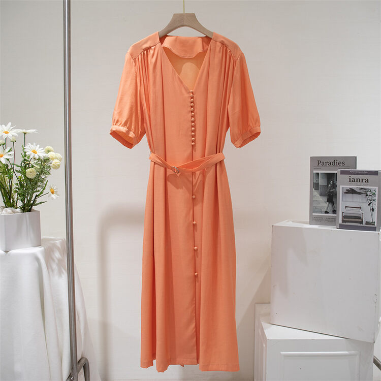 [Dazzi lucky] simple casual V-neck slim dress (with belt) a901357# JJ