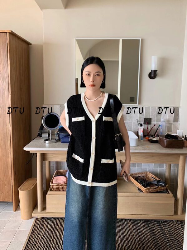 [DTU] small fragrance color contrast V-neck knitted vest 33080 \lsl