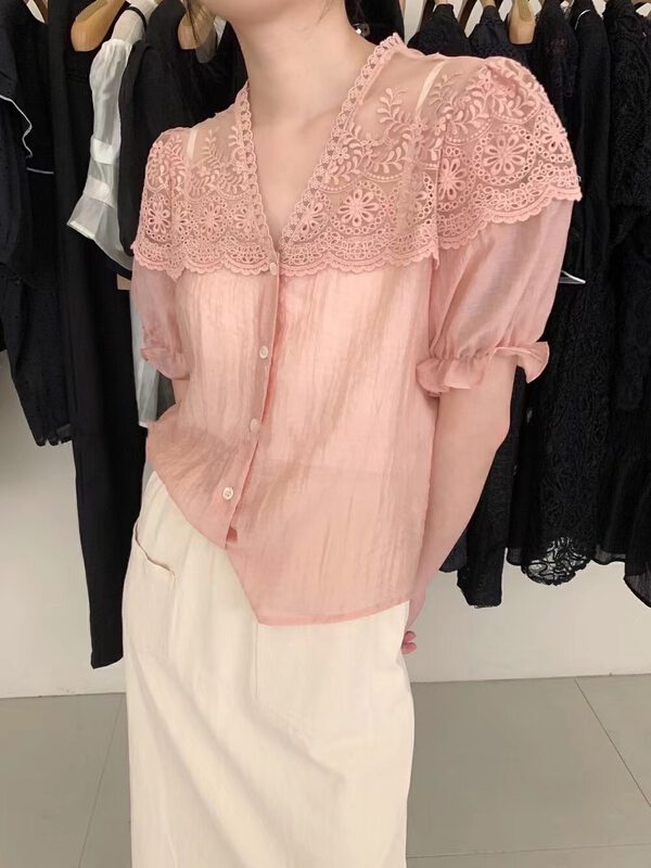 [o.lucky] V-neck temperament lace embroidery blouse 1934# HBx