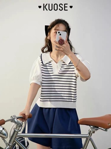 Wide color ice stripe sweater women's summer polo shirt fake two short sleeve T-shirt short bubble sleeve top