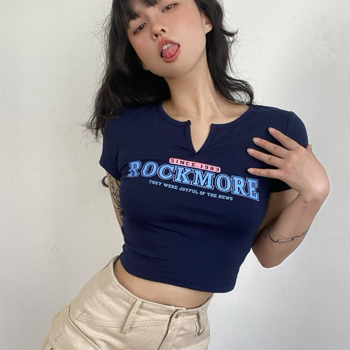 American Retro Blue V-neck letter printed short sleeve top women's short slim spicy girl T-shirt