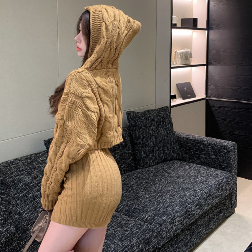 2022 autumn and winter New Vintage Western style hooded knitted fried dough twist sweater high waist elastic Hip Wrap Skirt Set