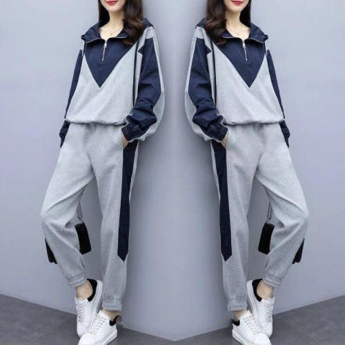 Large women's wear splicing casual sports sweater set women's autumn and winter 2022 new fat mm loose two-piece set fashion