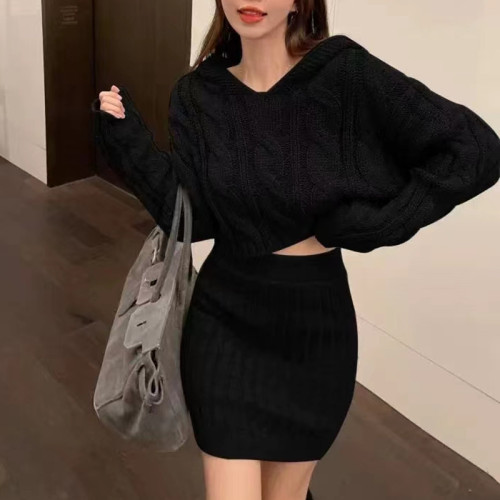 2022 autumn and winter New Vintage Western style hooded knitted fried dough twist sweater high waist elastic Hip Wrap Skirt Set