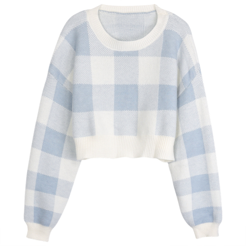 Autumn and winter 2022 new Plaid short sweater women's sweet sweater design sense niche soft waxy chic top