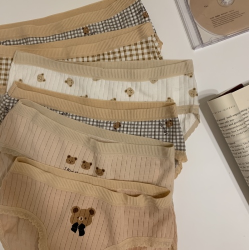 Real auction, real price, cute little bear Plaid underwear, pure cotton hip wrapped middle waist briefs, 3 pieces